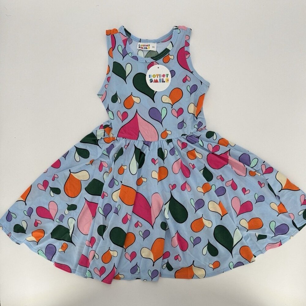 Dot Dot Smile Girl's Tank Dress size 3-4 Sleeveless Light Blue/Multicolor Hearts